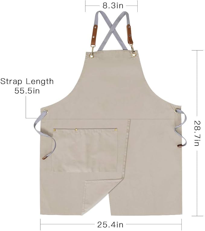 Mignongirl Crossback Apron with Pockets x2,Split Apron with Adjustable Straps,M-XXL (Beige)