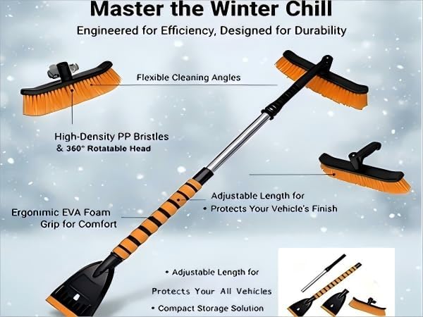 Snow Brush and Ice Scrapers for Car Windshield, 360° Pivoting Brush Head Detachable Snow Scrapers with Ergonomic Foam Grip;36inch Extendable Snow Brushs for Car,SUV and truck,Orange,Car Accessories