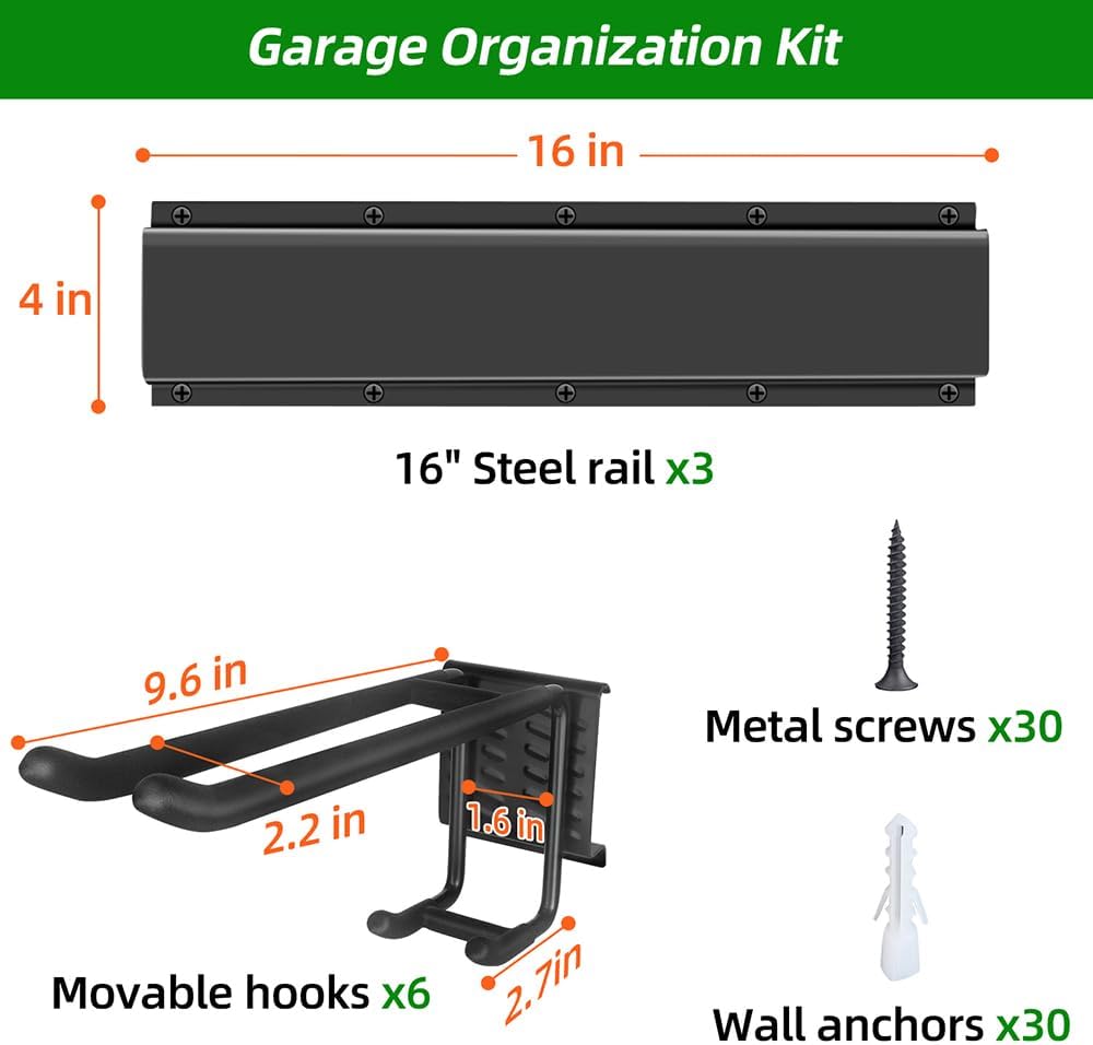 Garage Tool Organizer Wall Mount with 48 inches Rails and 6 Double-layer Hooks, Garden Tool Rack Heavy Duty, Garage Hanging Storage Rack For Yard Tools, Shovel, Shed