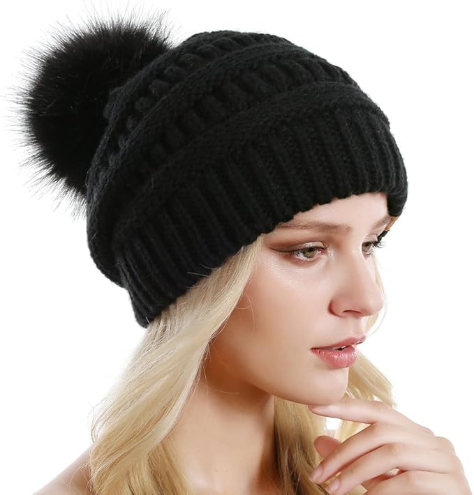 QUEENFUR Women Knit Slouchy Beanie Chunky Baggy Hat with Faux Fur Pompom Winter Soft Warm Ski Cap