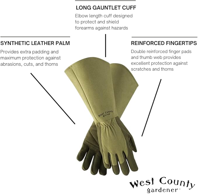 West Chester Protective Gear 054M/L West County Gardener Gauntlet Rose Gloves – Large, Moss, Gardening Gloves w/ Elastic Wrist, Reinforced Fingers, Palm, and Thumb