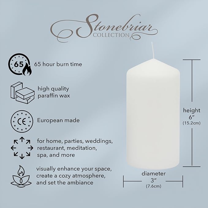 Stonebriar 3 Pack Tall 3 x 6 Inch 65 Hour Long Burning Unscented White Wax Pillar Candles
