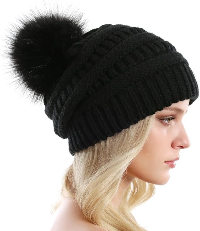QUEENFUR Women Knit Slouchy Beanie Chunky Baggy Hat with Faux Fur Pompom Winter Soft Warm Ski Cap