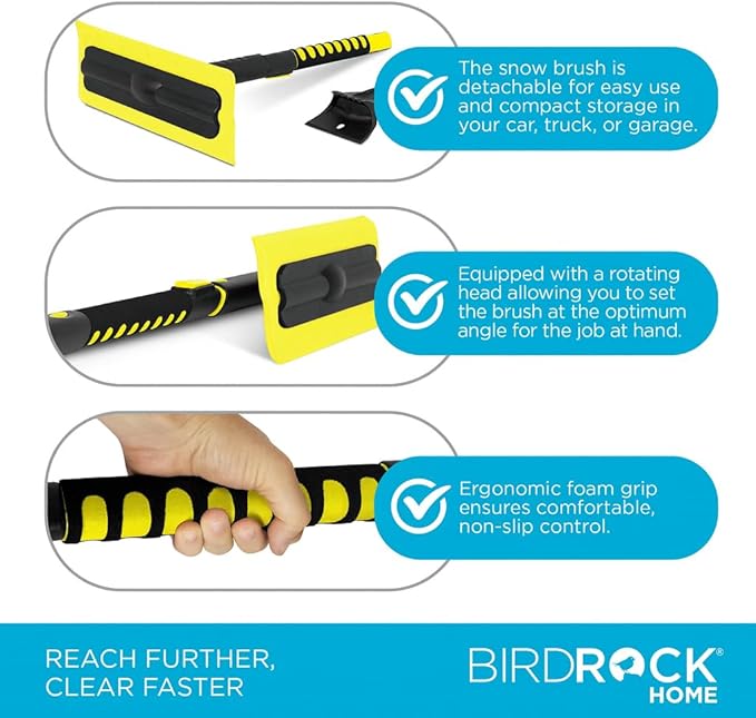 BIRDROCK HOME 55" Extendable Snow Brush with 14" Foam Head & Detachable Scraper | Aluminum Grip for Car, Truck, SUV | Safe on Auto Windshield & Windows | Wide Frost Remover - Yellow