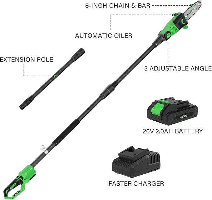 SOYUS Pole Saw 8-Inch Cordless, 15-Foot Max Reach Electric Pole Saw for Tree Trimming, 16ft/s Speed, Auto Oiling, Multi-Angle Pole Chainsaw with 2.0Ah Battery & Charger
