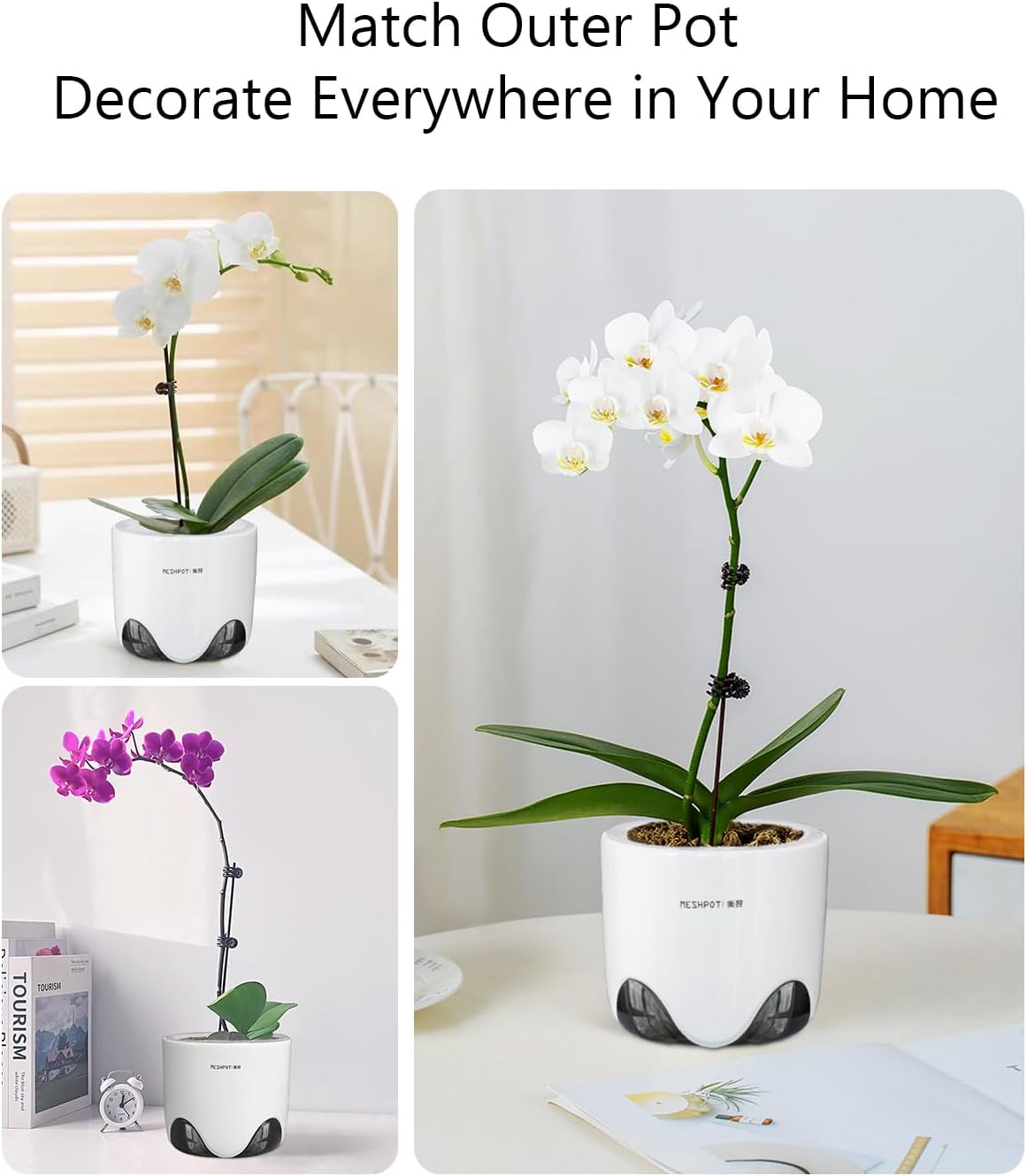 4 inch Orchid Pot with Holes for Repotting, Double Layer Plastic Imitate Ceramic Planter, Clear Orchid Pot Match Decorative Container