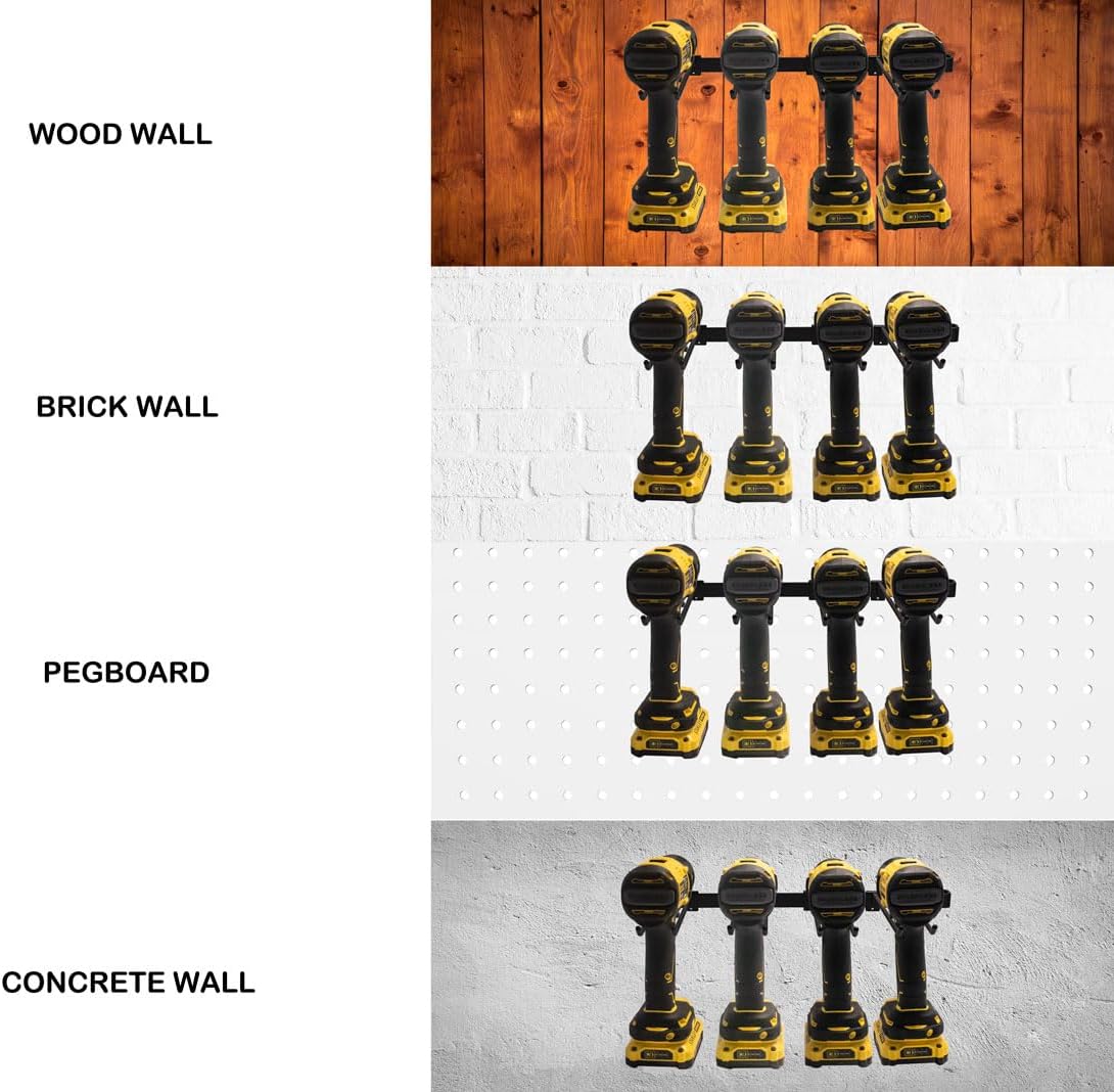 KINOMI Power Tool Holder Drill Holder, Distance between Hooks Adjustable, Drill Tool Storage Rack Organizer Metallic Tool Hanger Shelf for Garages, Tool Sheds, Basements, Gardens, Art and Craft Rooms