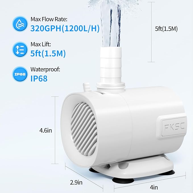 320 GPH Fountain Pump - Submersible Water Pump, Ultra Quiet with Adjustable Flow for Fish Tanks, Ponds, Aquariums, Hydroponics & Statuary, Dual-Suction Side/Bottom Intake (White)