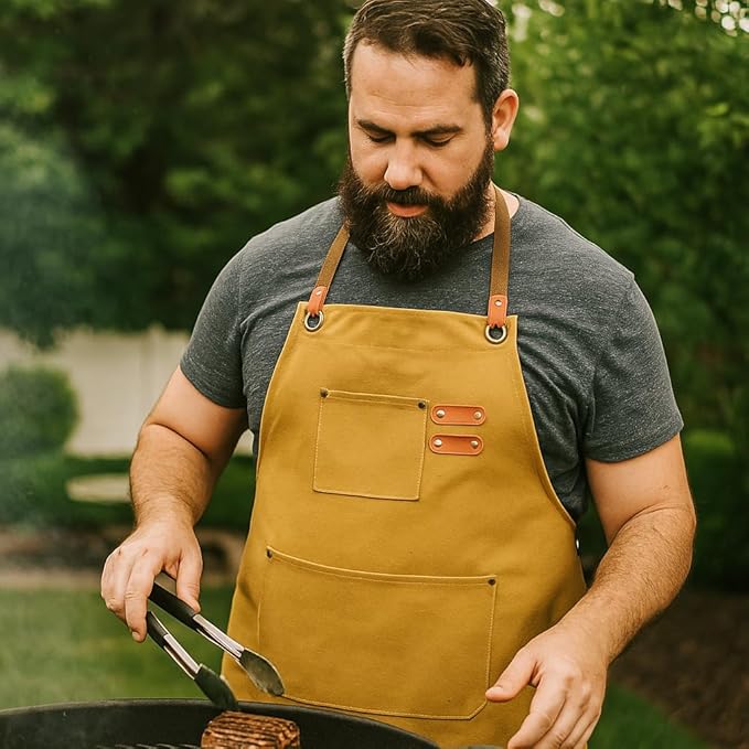 Chef Aprons for Men Canvas Apron with Large Pockets and Adjustable Neck Strap for Cooking,BBQ, Gardening
