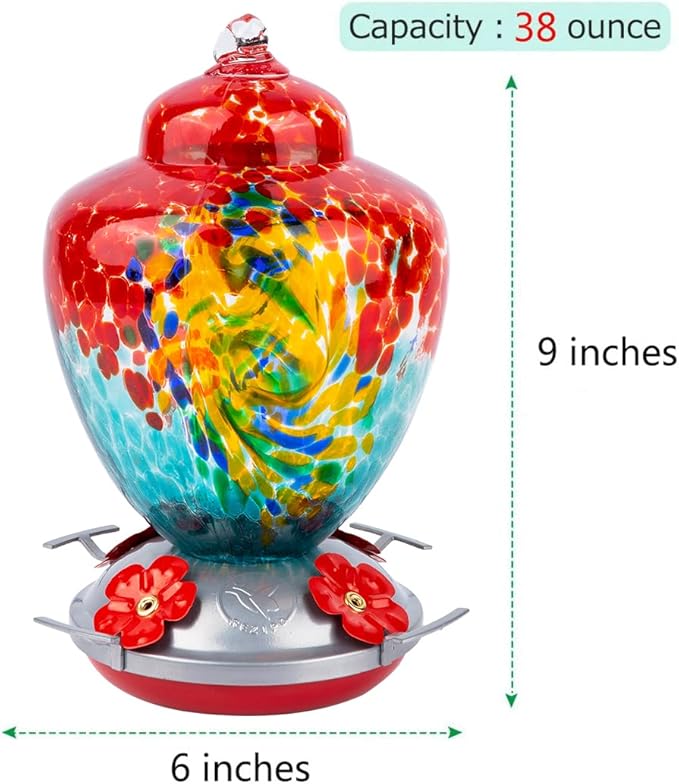 REZIPO Hummingbird Feeder with Perch - Hand Blown Glass - 38 Fluid Ounces Hummingbird Nectar Capacity Include Hanging Wires and Moat Hook (Half Red)