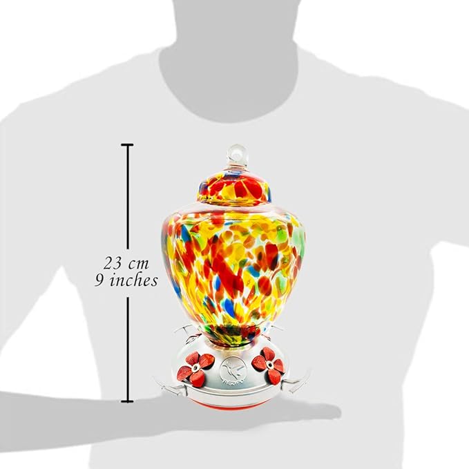 REZIPO Hummingbird Feeder with Perch - Hand Blown Glass - Colored - 38 Fluid Ounces Hummingbird Nectar Capacity Include Hanging Wires and Moat Hook