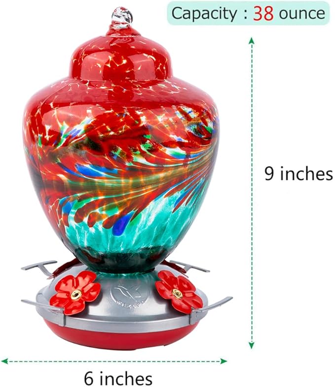 REZIPO Hummingbird Feeder with Perch - Hand Blown Glass - 38 Fluid Ounces Hummingbird Nectar Capacity Include Hanging Wires and Moat Hook (Red-Green)