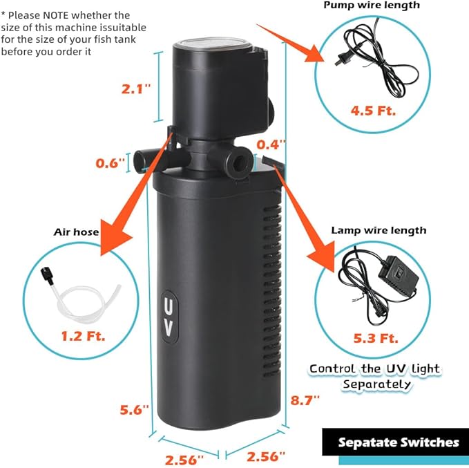 Aquarium Filter for 10-45 Gallon Tank, U-V Fish Tank Green Clean Machine Submersible Powerful Pump Canister Filter 158GPH for Pond Turtle Tank Saltwater Freshwater Crystal Clear Green Killing