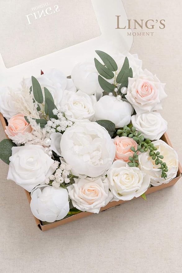Ling's moment Fake Flowers Box, Faux Artificial Greenery Stems Foam Roses Silk Peonies Willow Fabic Flower for Centerpieces Bouquet Wedding Vase Floral Decorations, White & Blush, Grand Combo