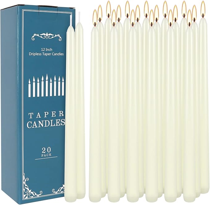 20 Pack Ivory Taper Candles 12 Inch Tall 3/4 Inch Thick Burn 10 Hours