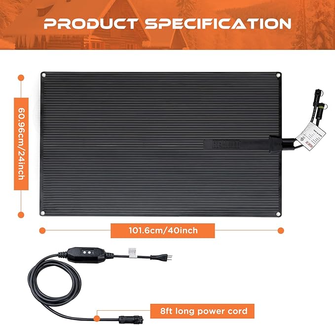 HEATIT Heated Snow Melting Mats, Heated Outdoor Rubber Mats for Entrances, Snow Melting and Ice Melting Mats for Sidewalks,Includes,Power Cable with Straight Plugt (24" X 40")