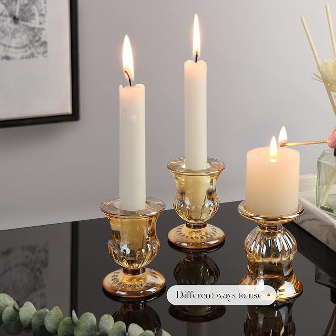 Letine Gold Candlestick Holders Set of 12-2.5" H Taper Candle Holders Bulk -Gold Glass Candle Holder for Thanksgiving, Christmas, Rustic Wedding Centerpieces, Party Decor