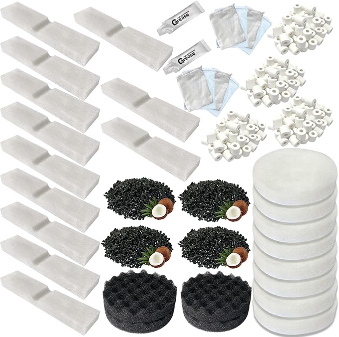 42 PCS Aquarium Media Kits Replacement for Fluval FX4 / FX5 / FX6 Canister Filters, Including Bio-Foam Block, Carbon Sponge Filter, Ceramic Ring, Activated Carbon, Silicone Lubricant, Filter Pad