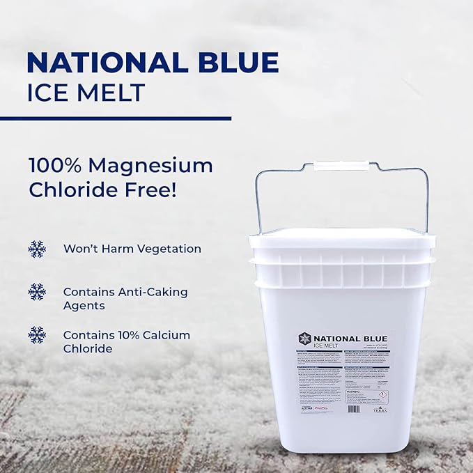National Blue Ice Melt and Snow Salt 50lb Bucket - Fast Acting Ice Melter - Pet, Plant and Concrete Friendly, Environmentally Safe - Free of Magnesium Chloride - Melts to -15°F