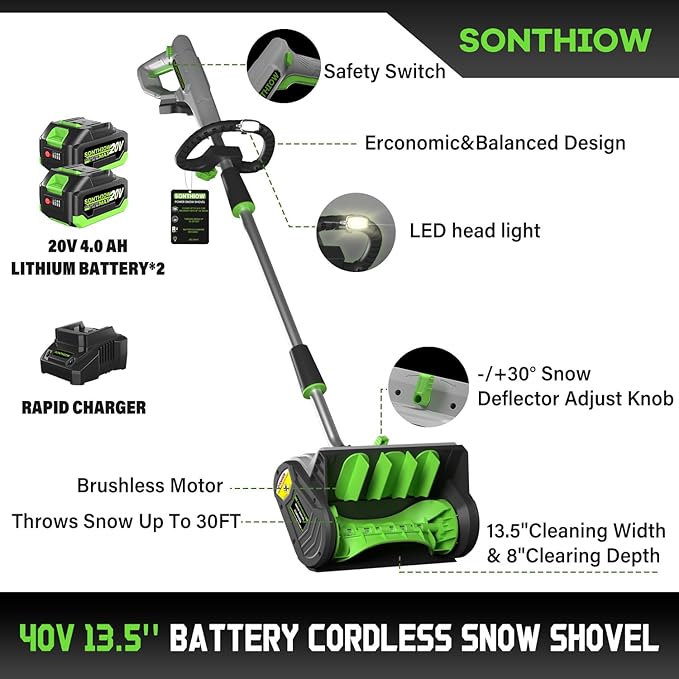 SONTHIOW 13.5" Electric Snow Shovel, 20V Brushless Snow Shovel, Includes 2 * 4.0 Ah Battery and Quick Charger, Cordless Snow Blower with Directional Plate & Adjustable Front Handle (2 * 20V Battery)