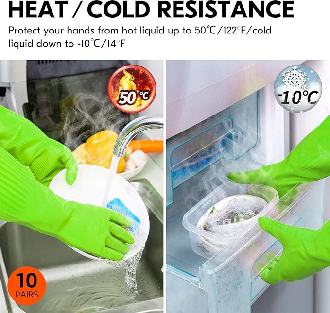 Vgo... 10-Pairs Reusable Long Sleeve Thick Latex Dishwashing Gloves - Cleaning, Washing, Working, Painting, Gardening, Pet Care (Size M, Green, RB2143)