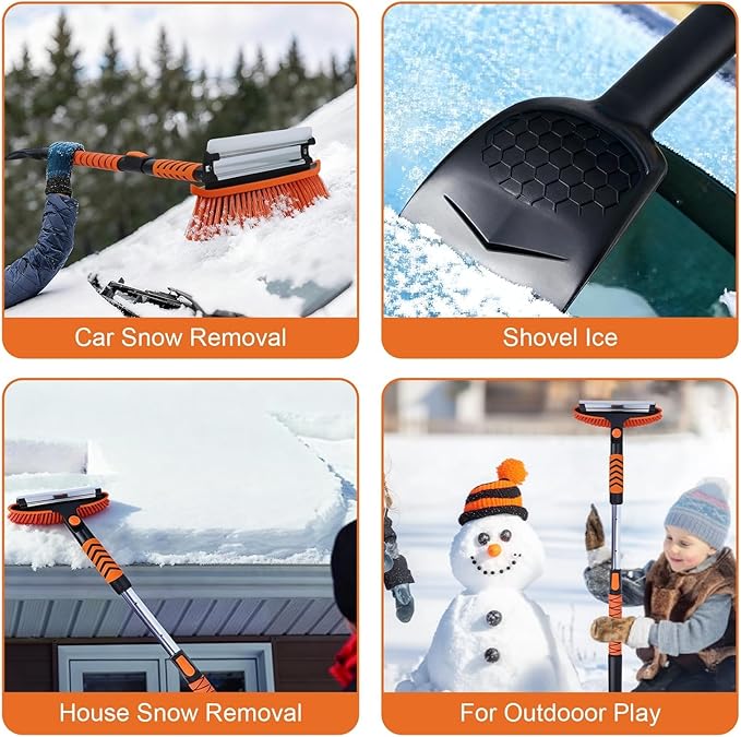 Eazy2hD 3 in 1 Snow Brush with Ice Scrapers, 43.31" Extendable Window Ice Removal with Squeegee for Windshield, 180° Pivoting Brush Head Cleaner Tool for Car, Auto, SUV, Truck