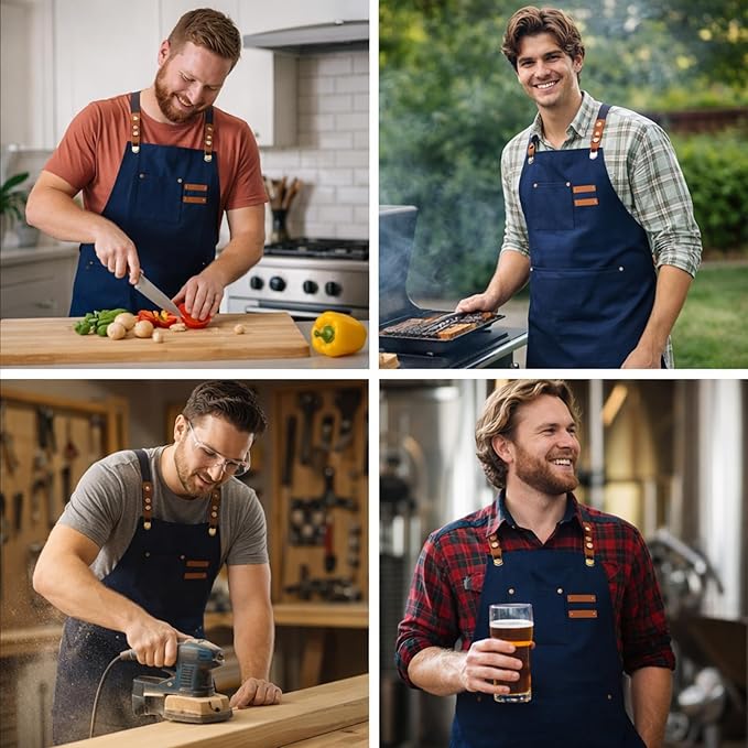 Chef Aprons for Men Canvas Apron with Large Pockets and Adjustable Neck Strap for Cooking,BBQ, Gardening