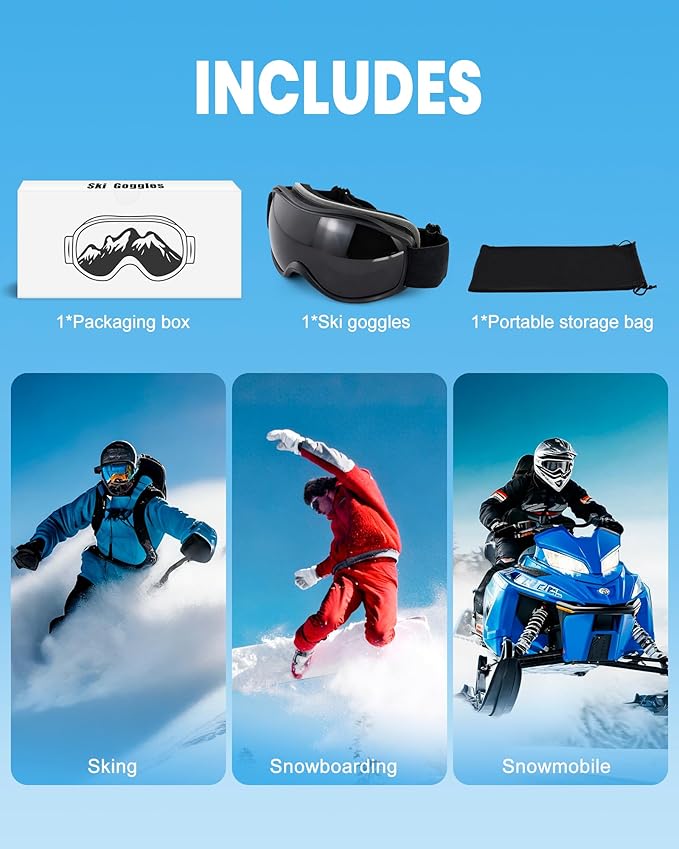AVV Ski Goggles UV Protection, Anti-Fog Snowboard Snow Goggles OTG for Men Women Adults & Youths