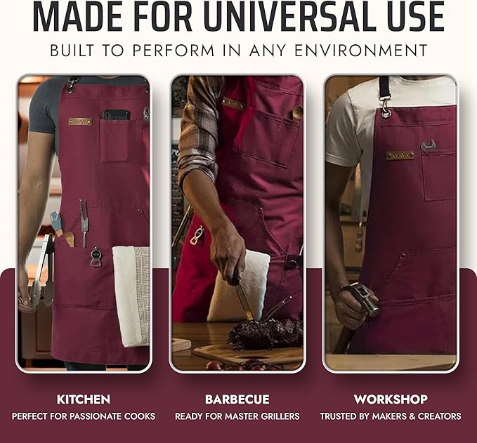 Asaya Chef and BBQ Apron with Bottle Opener and Hand Towel - 10oz Cotton Canvas, Stainless Steel Hardware - Cross Back Straps