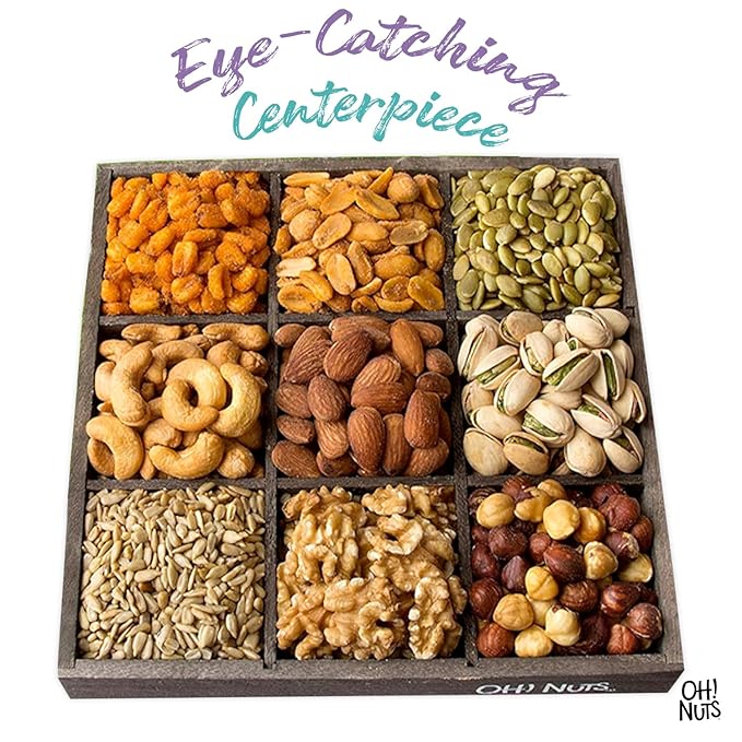 Oh! Nuts 9 Variety Nuts Gift Basket - Healthy Gift Baskets - Gourmet Assorted Nuts Tray - Gift Box for Holiday, Movie Night, Corporate, Families - Gift Ideas for Men and Women