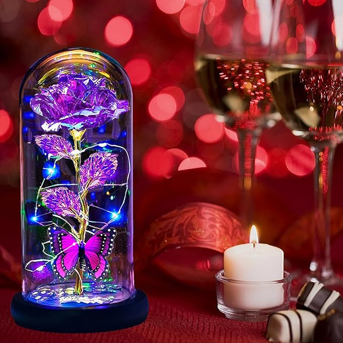 Valentines Day Gifts for Her,Valentines Day Rose Flowers Gifts for Mom Girlfriend Women Wife,Birthday Gifts for Women, Valentines for Her,Glass Flowers Light Up Rose Gifts for Mom,Purple Rose