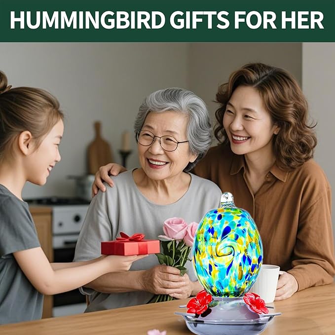 Muse Garden Hand Blown Glass Hummingbird Feeder - 19OZ Plastic Base Humming Bird Feeders for Outdoors Hanging, Garden Decor Gifts for Bird Lovers, Starry Night