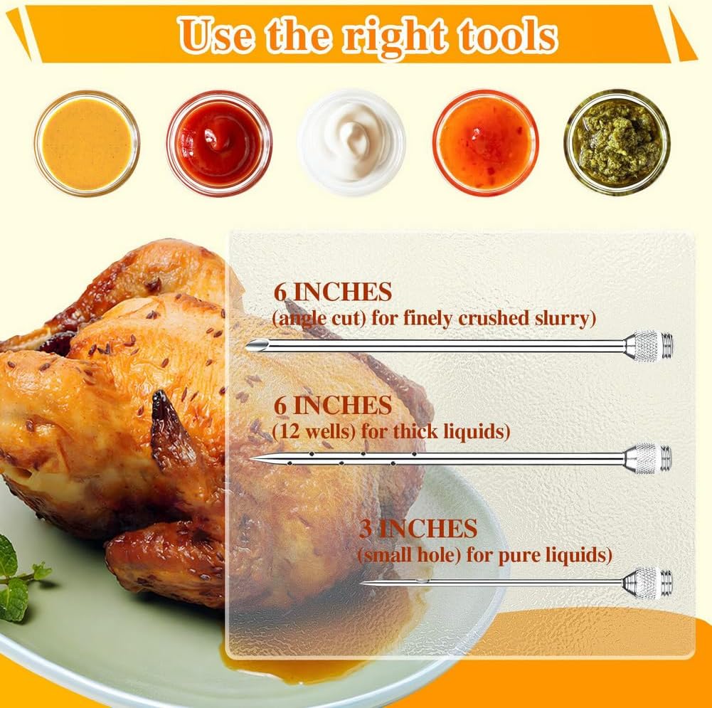 304-Stainless Steel Meat Injector Syringe Kit with 3 Marinade Needles for BBQ Grill Smoker, Turkey, Brisket, Beef, Fish, 2-oz Large Capacity, Silicone Brush and Cleaning Brush