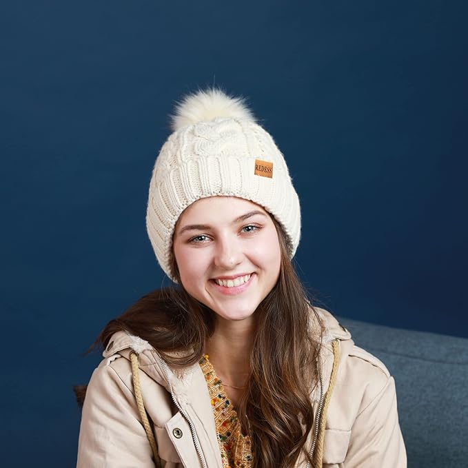 REDESS Women Winter Pompom Beanie Hat with Warm Fleece Lined, Thick Slouchy Snow Knit Skull Ski Cap