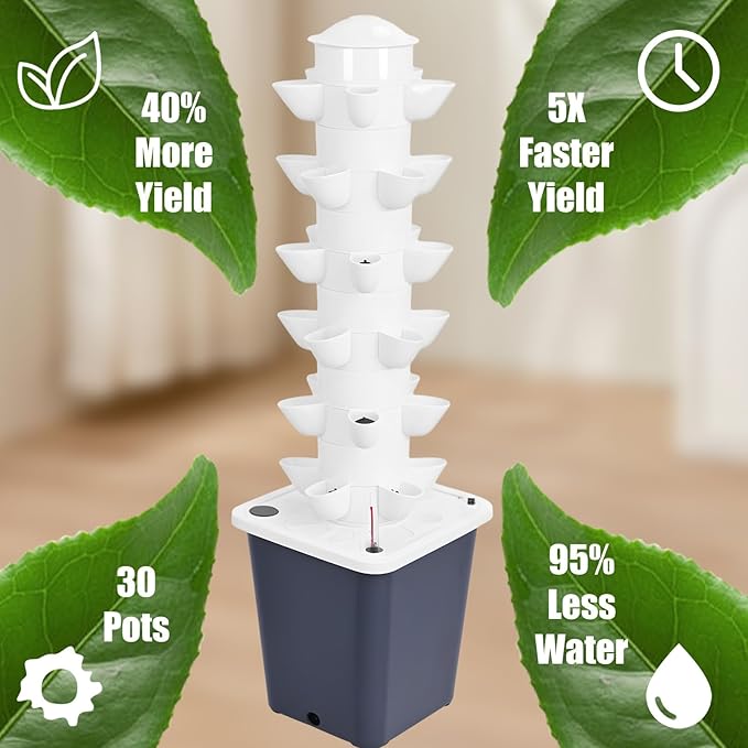 Hydroponic Growing Tower with 10L Tank, 6 Layers 30 Plants Indoor Outdoor Hydroponics Growing System, Soilless Cultivation Herbs Fruits Vegetables Vertical Planter Tower Garden Set Black US