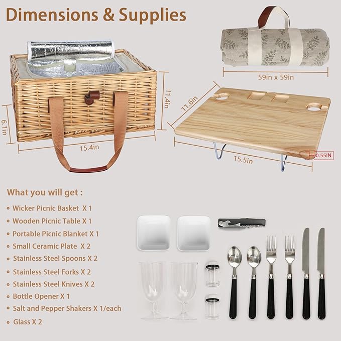 Hap Tim Wicker Picnic Basket for 2 with Mini Folding Wine Picnic Table & Large Insulated Cooler Bag & Cutlery Service Kits for 2 Person, Couples Gifts, Wedding Gifts (Y2307-2-CM)