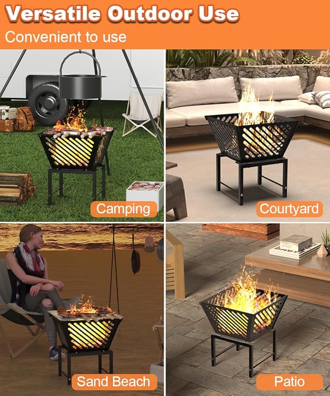 Outdoor Fire Pit — 17 Inch Portable with Storage Bag for Camping, Patio Heating, Picnic and BBQ, Trapezoid Diagonal Hollow, Black