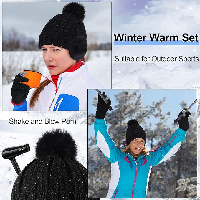 5 Pieces Women Winter Warm Set Knit Beanie Hat Scarf Touchscreen Gloves Earmuffs Stockings 5 in 1 Ski Outing Set for Gift
