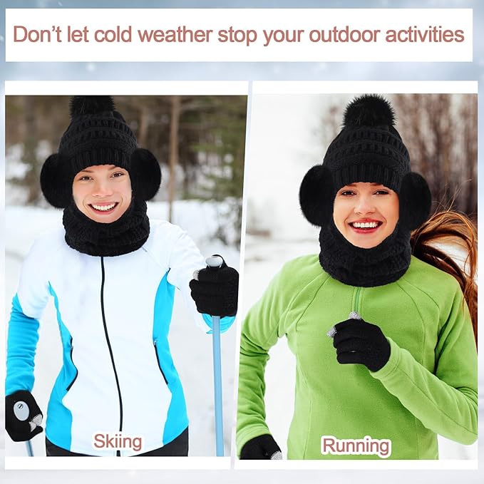 5 Pieces Women Winter Warm Set Knit Beanie Hat Scarf Touchscreen Gloves Earmuffs Stockings 5 in 1 Ski Outing Set for Gift