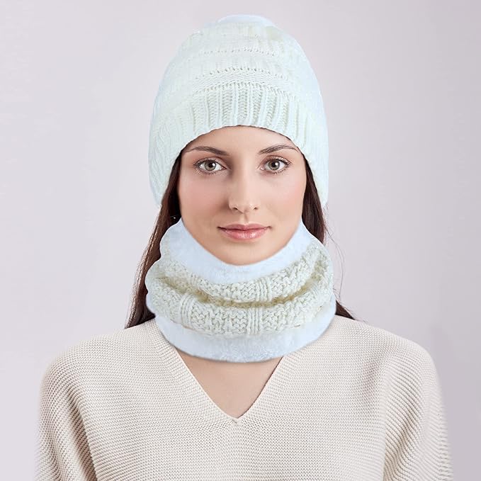 5 Pieces Women Winter Warm Set Knit Beanie Hat Scarf Touchscreen Gloves Earmuffs Stockings 5 in 1 Ski Outing Set for Gift