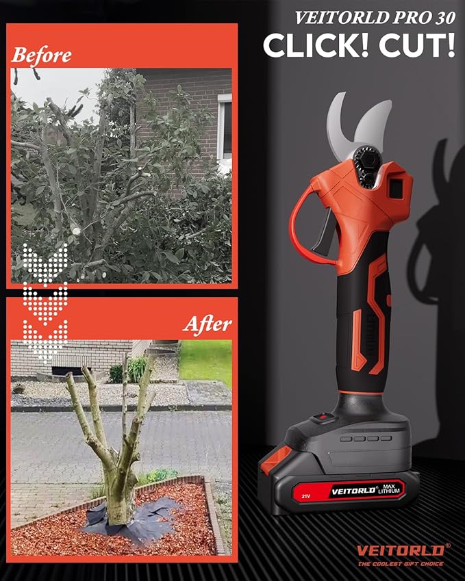 VEITORLD 20V Electric Pruning Shears, Garden Shears, 30mm 1.2'' Cutting Diameter Portable Cordless Branch Cutter Tree Trimmer with LCD Display&Replaceable Blade (Included 2.0Ah Batteries)