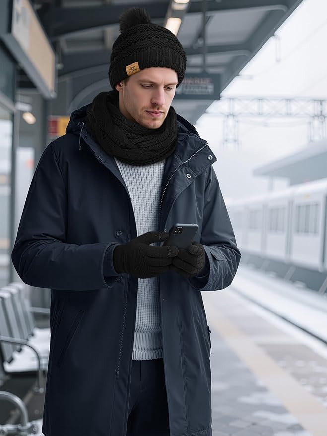 URATOT 4-In-1 Winter Warm Sets Knitted Scarf Touch Screen Gloves Beanie Pompom Hat and Winter Ear Warmer for Men or Women