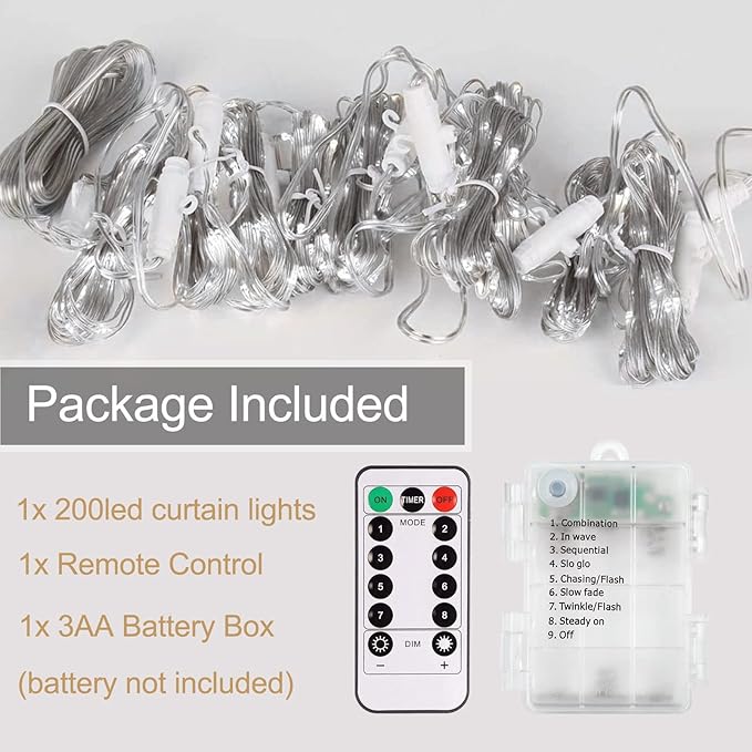 echosari Curtain Lights Battery Operated, 200 LED Curtain Fairy Lights 6.6×6.6ft with Remote Timer Outdoor Wall Light Fully Waterproof for Wedding Backdrops Bedroom Decor (Cool White)