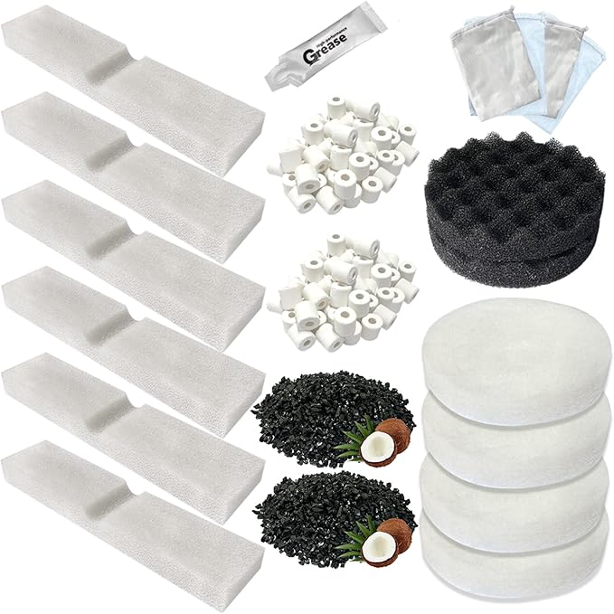 21 PCS Aquarium Media Kits Replacement for Fluval FX4 / FX5 / FX6 Canister Filters, Including Bio-Foam Block, Carbon Sponge Filter, Ceramic Ring, Activated Carbon, Silicone Lubricant, Mesh Bag