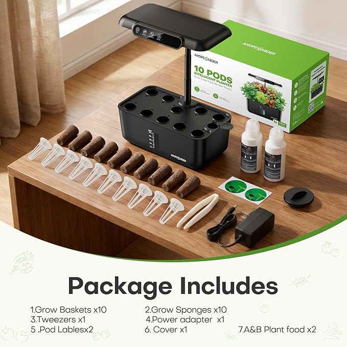 Ahopegarden Hydroponics Growing System Herb Garden: 10 Pods Indoor Garden Kit with LED Grow Light and Smart Temp & Humidity Display - Plant Germination Kit for Home Kitchen