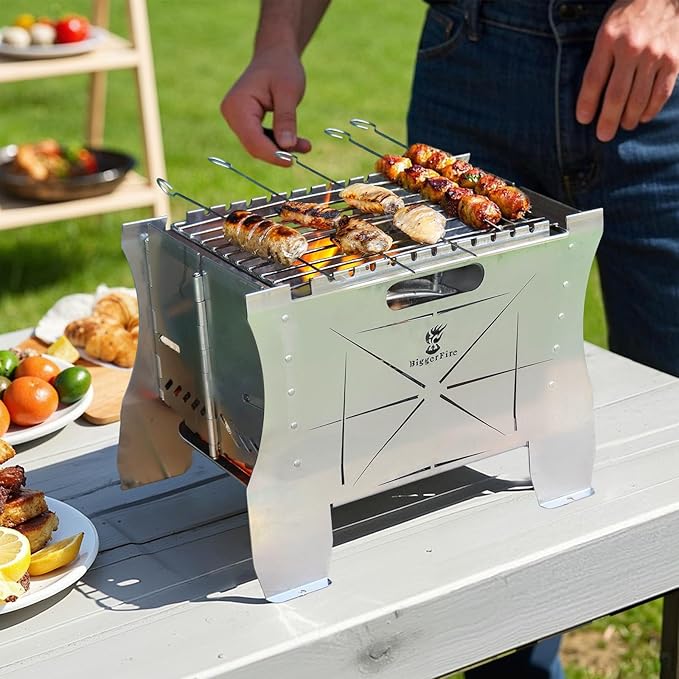 Camping Grill Folding Charcoal Grill,2 in 1 Portable Duel Fuel Charcoal or Gas Grill or Fire Pit,Stainless Steel Camping Barbecue Grill for Outdoor Barbecuing Picnicking with Storage Bag