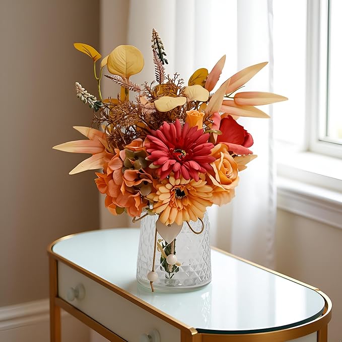 Autumn Artificial Flower Bouquet in Vase, Fall Silk Flower Arrangement, Faux Floral Centerpiece for Home Decor, Table Centerpiece for Autumn, Living Room Office Decoration