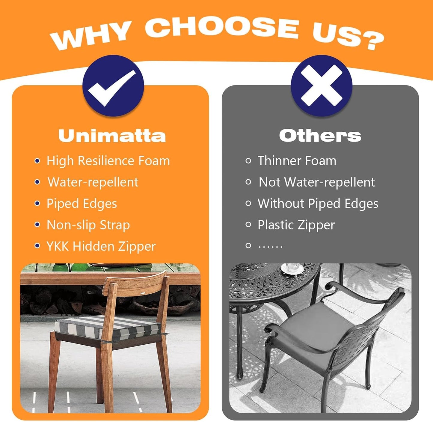 Square Corner Seat Cushions, 18.5" x 16" x 3", Set of 4, Indoor Outdoor Water Repellent Universal Chair Pads with Ties for Patio Furniture, Garden Deck Dining Chairs, Gray Stripe