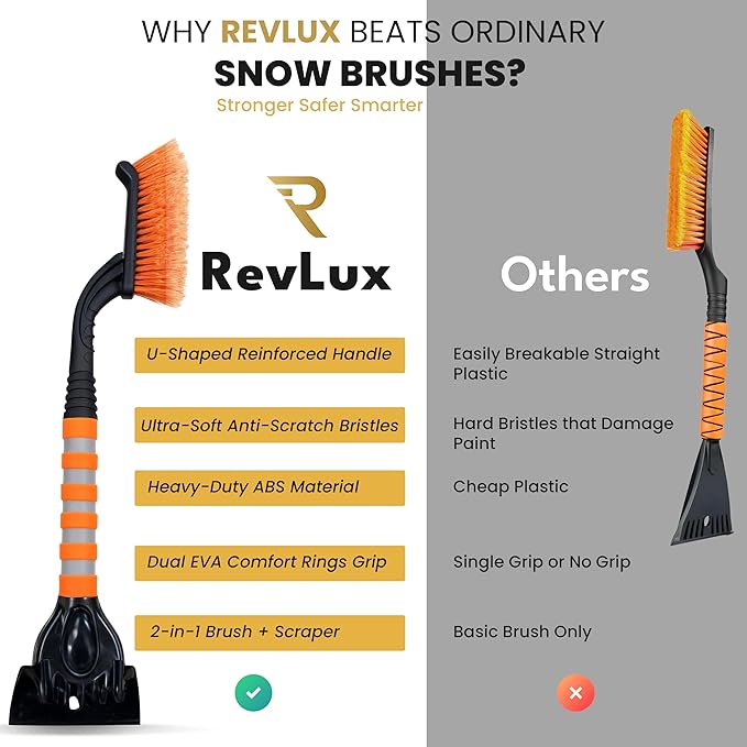 RevLux Heavy-Duty Snow Brush and Ice Scraper for Cars & SUVs | U-Shaped Reinforced Handle, Ultra-Soft Non-Scratch Bristles, Durable ABS Ice Scraper | Winter Car Snow Removal Tool | 27-Inch