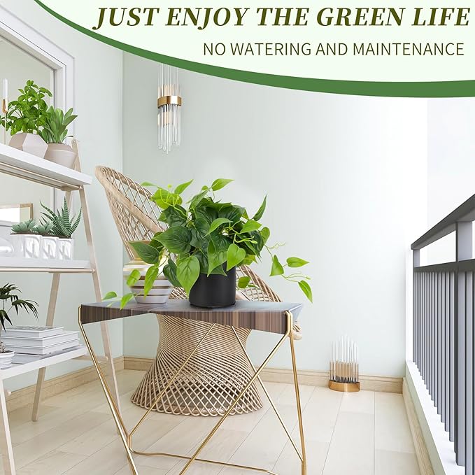 JPSOR Artificial Indoor Plants for Home Decor, 12 inches Pothos in Black Ceramic Pot with Iron Wire, 1 Count